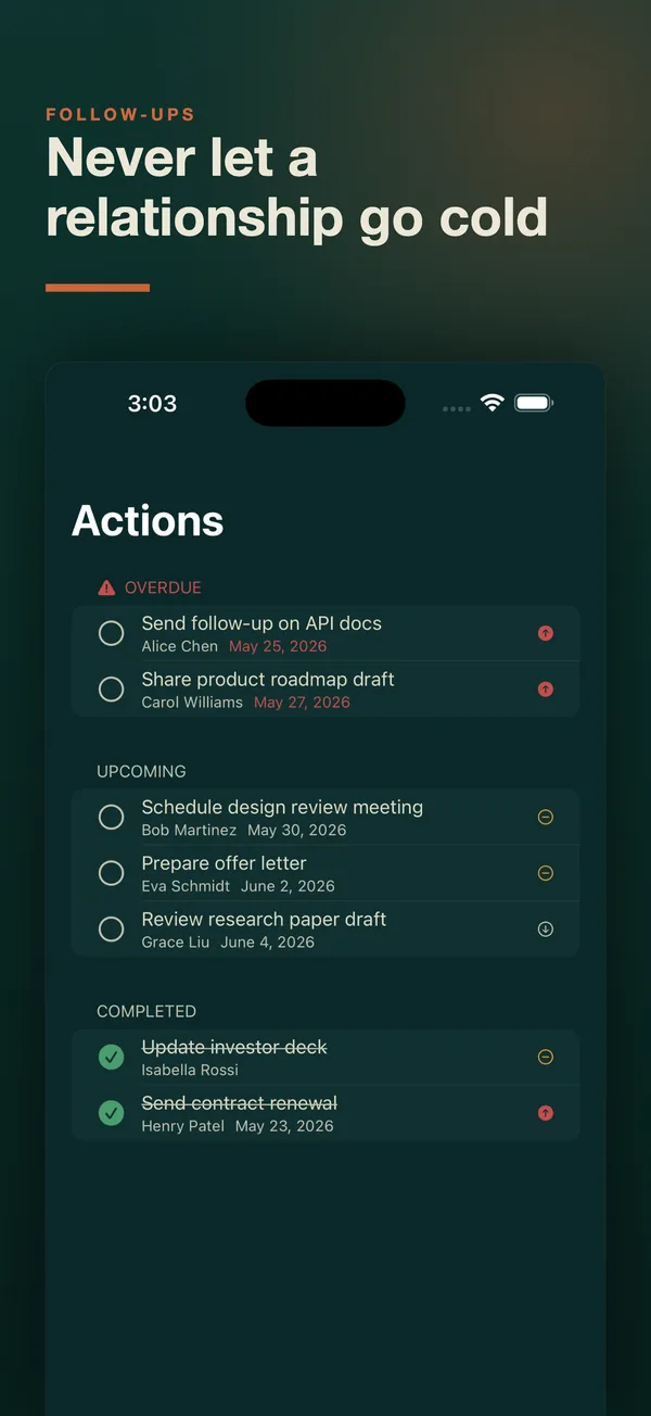 iPhone: overdue, upcoming, and completed actions.