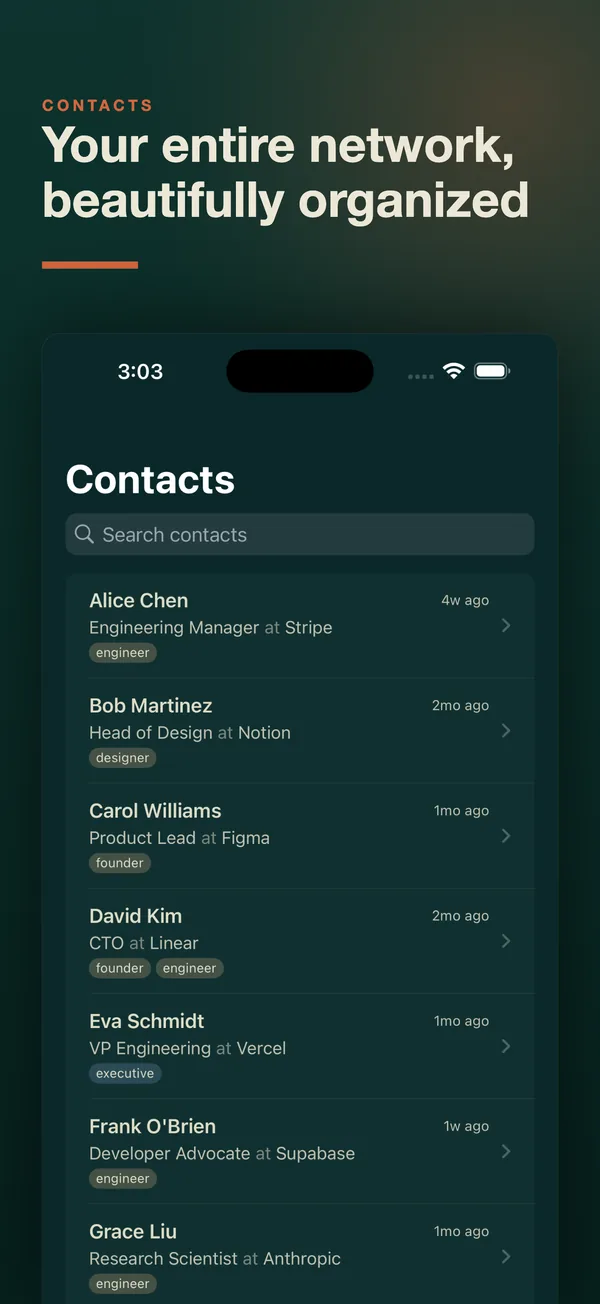 iPhone: the Contacts list with search.