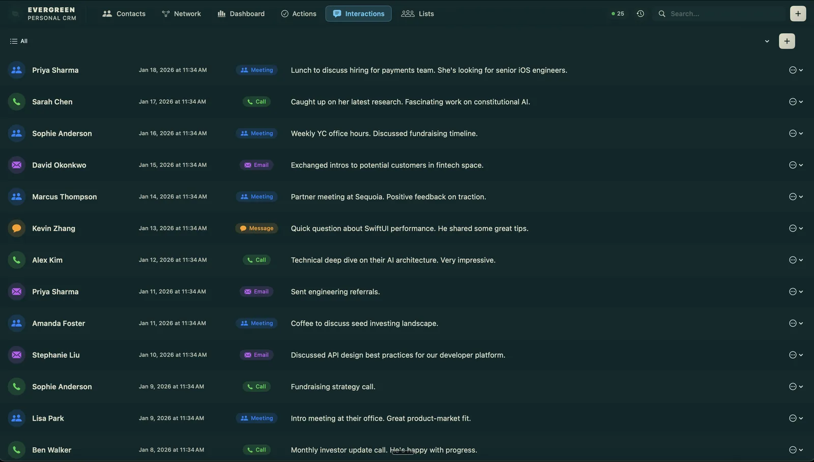 The Interactions timeline: meetings, calls, emails, and messages, each with a date and a short summary.